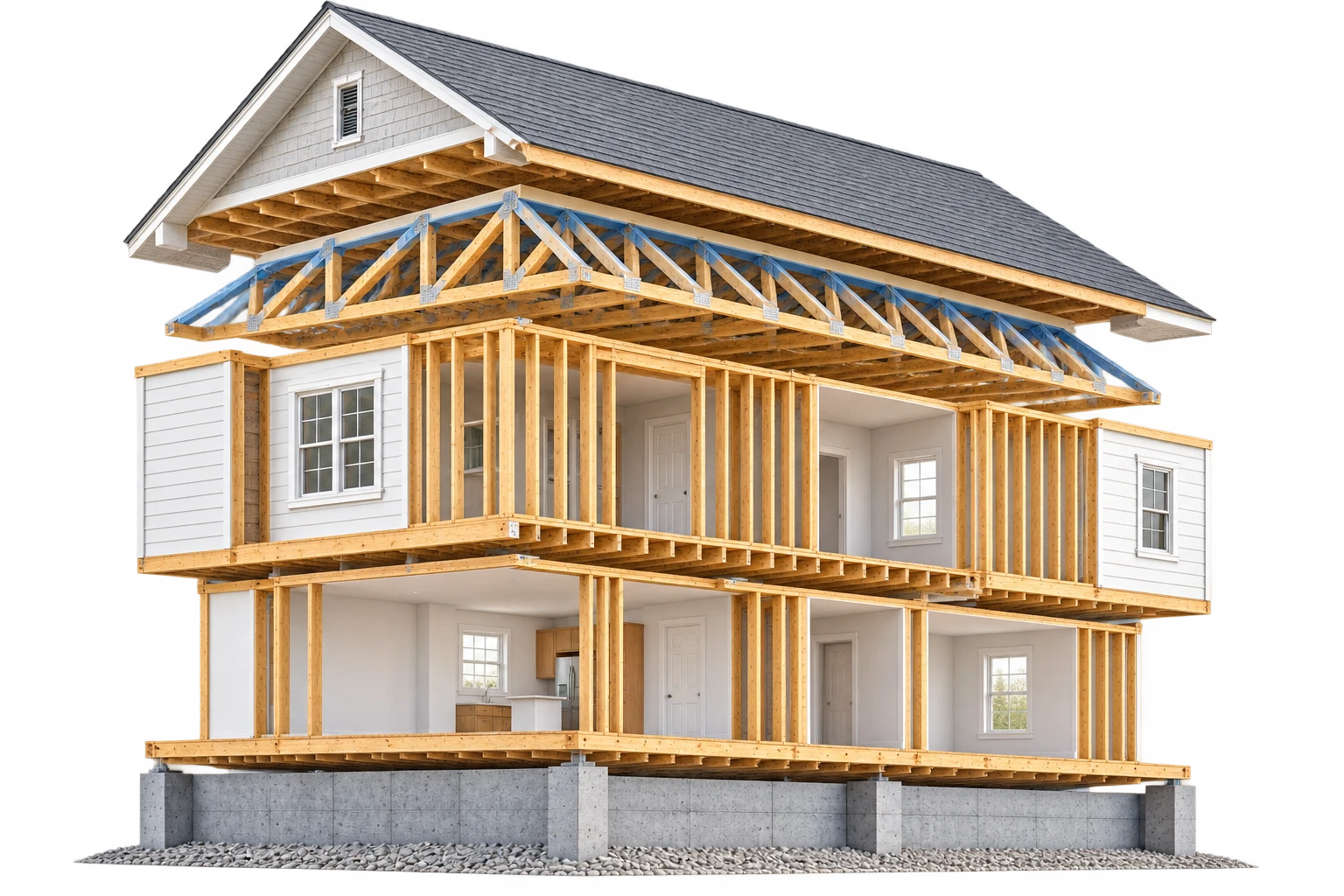 Conceptual cutaway of a timber-framed house showing its shingle roof, roof trusses, wall framing, finished rooms, and foundation