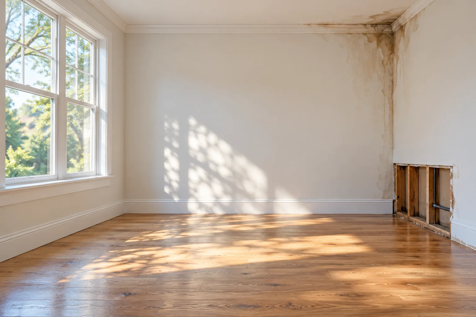 Illustrative room showing ceiling water stains and an exposed section of wall framing