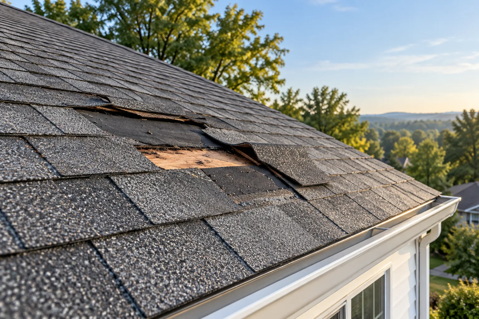 Illustrative roof scene with lifted shingles and exposed roofing layers