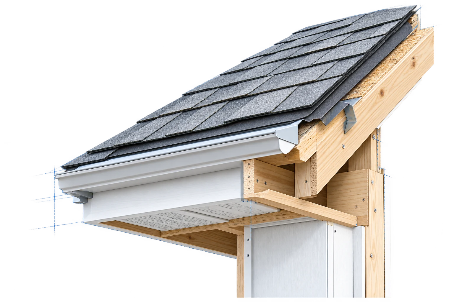 Layered roof cutaway showing shingles, decking, and timber framing