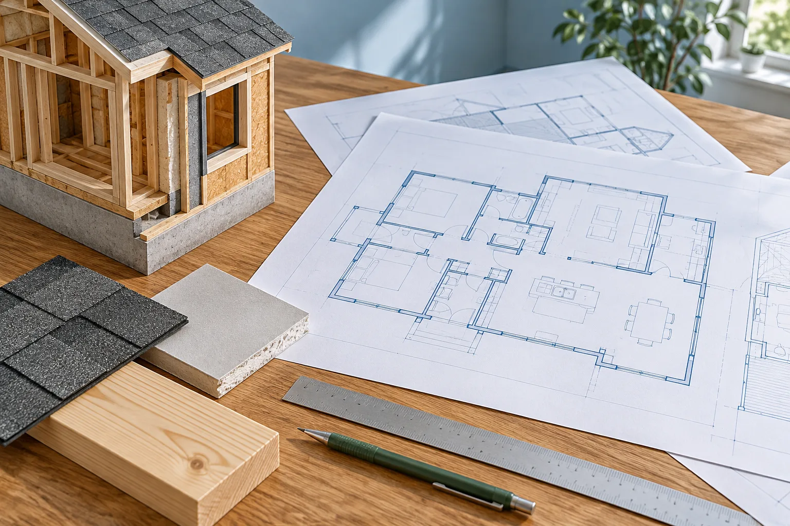 Illustrative worktable with plans, material samples and a timber-frame house model