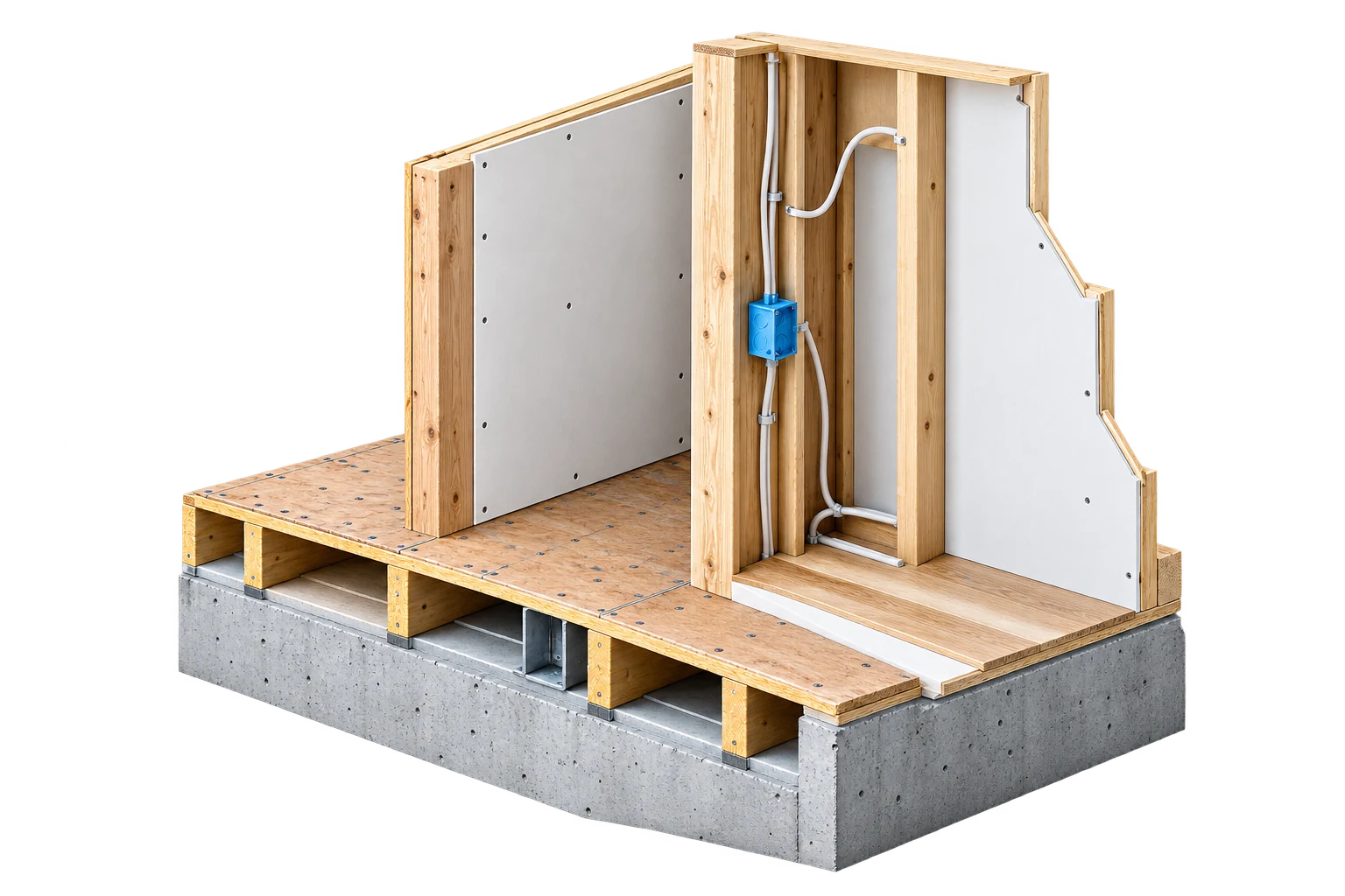 Wall cutaway revealing timber studs and interior materials
